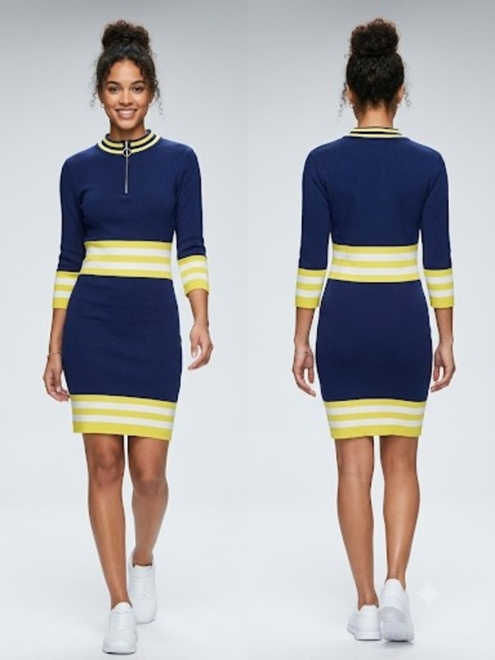 Striped Navy and Yellow Ponte Midi Sheath Dress